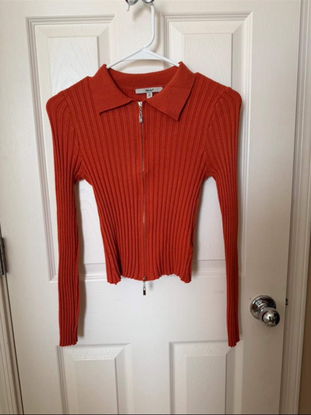 Papaya Ribbed Zip-Front Collared Sweater - Bright Orange